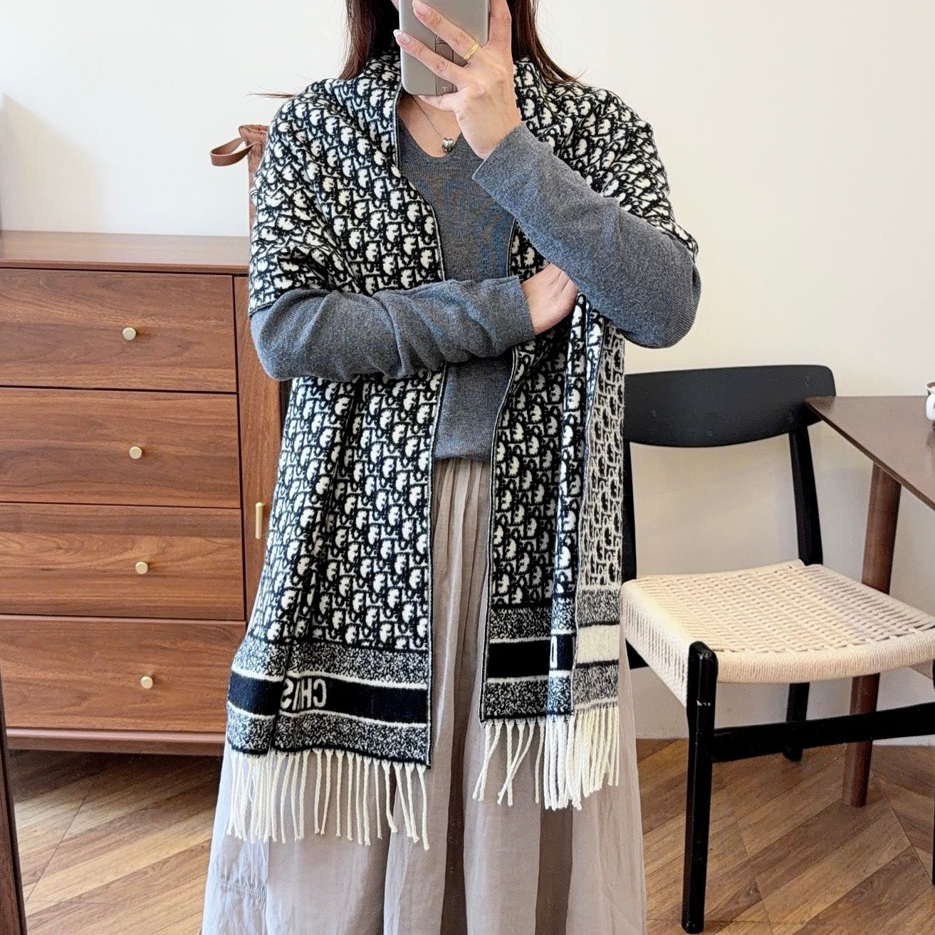 Floral Dove Long Cashmere Scarf