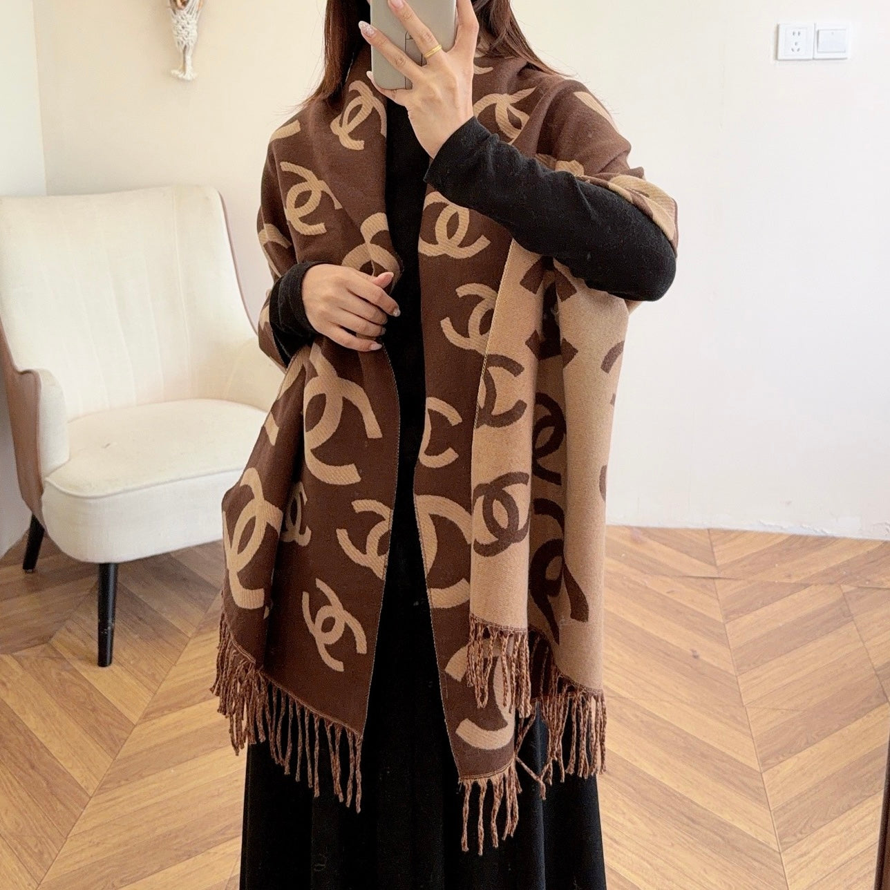 Floral Irregular CC Long Cashmere Scarf