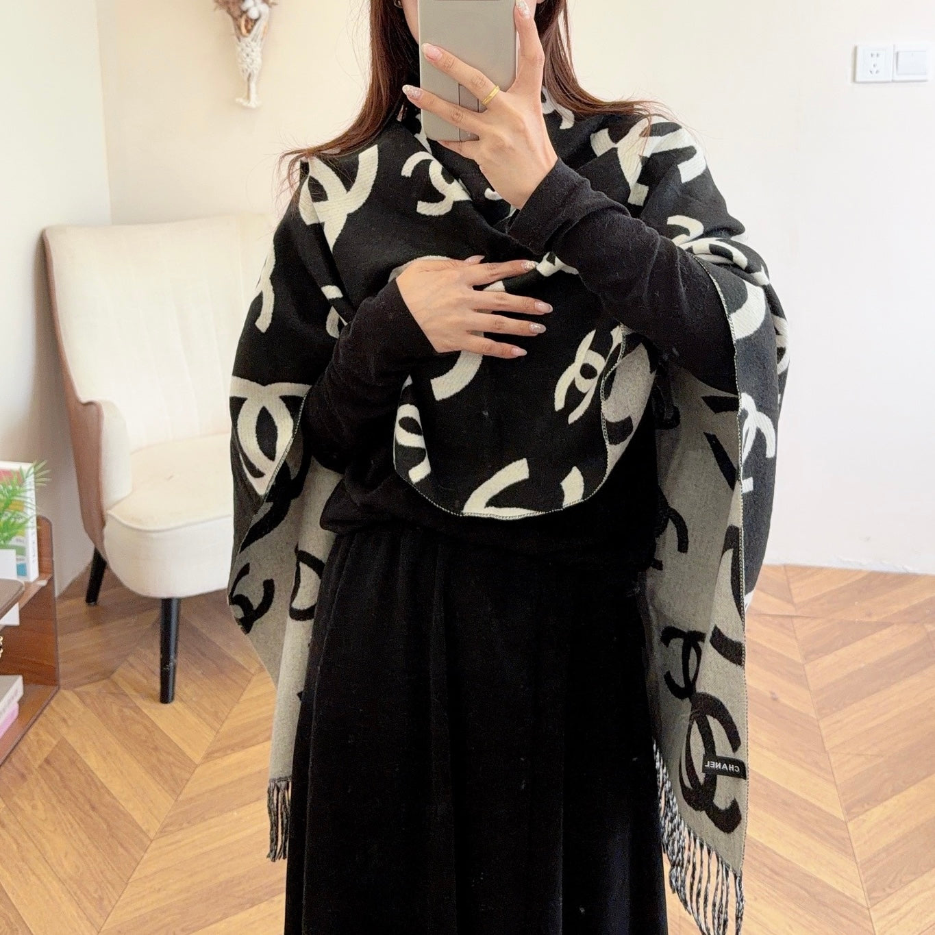 Floral Irregular CC Long Cashmere Scarf