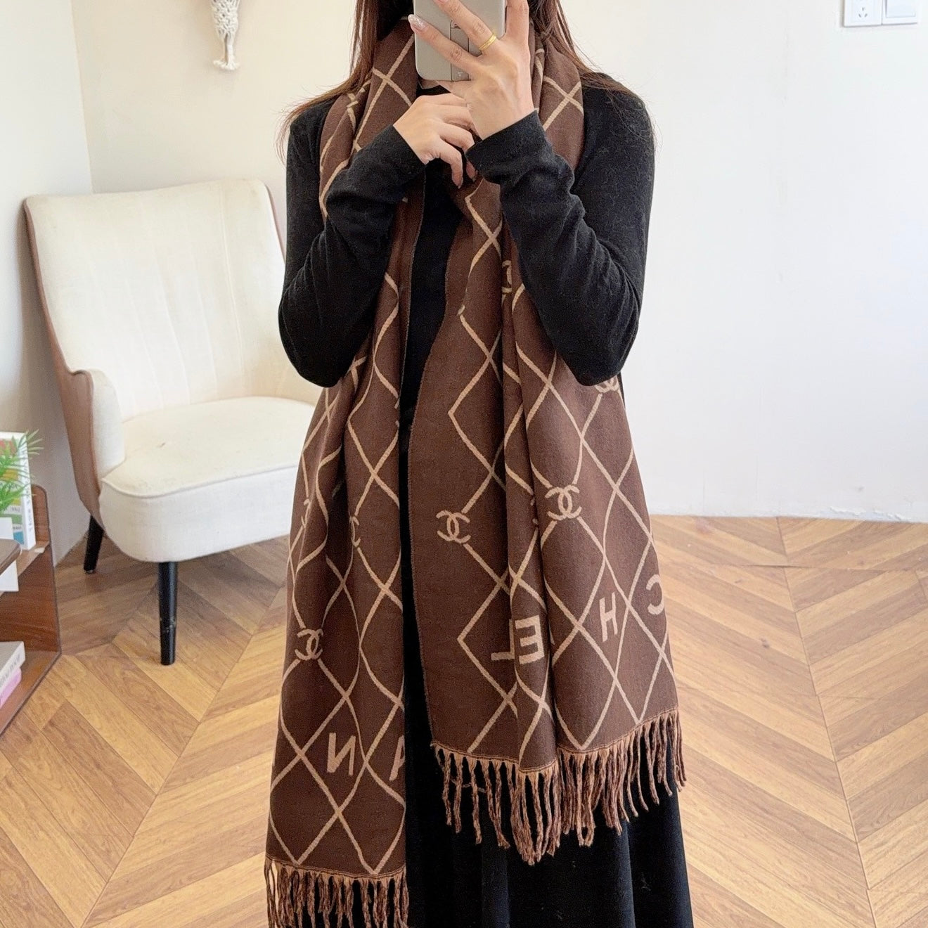 Floral Latticed CC Long Cashmere Scarf