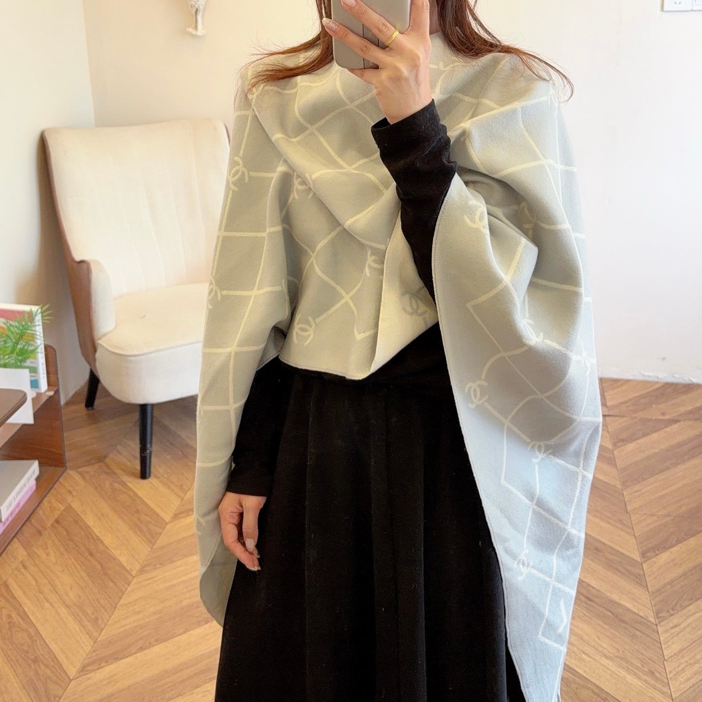 Floral Latticed CC Long Cashmere Scarf
