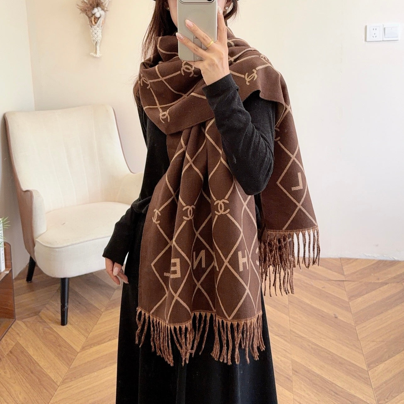 Floral Latticed CC Long Cashmere Scarf