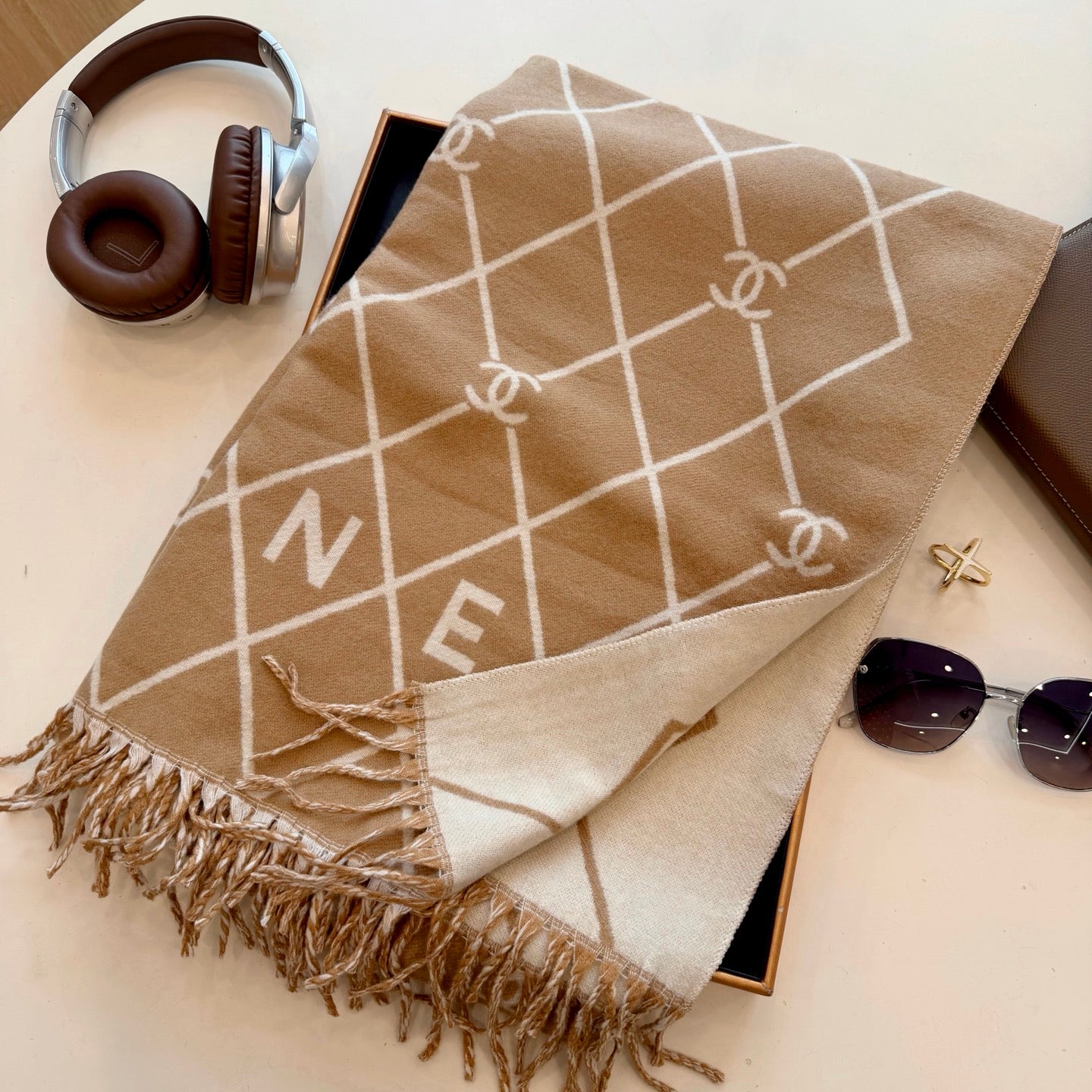 Floral Latticed CC Long Cashmere Scarf