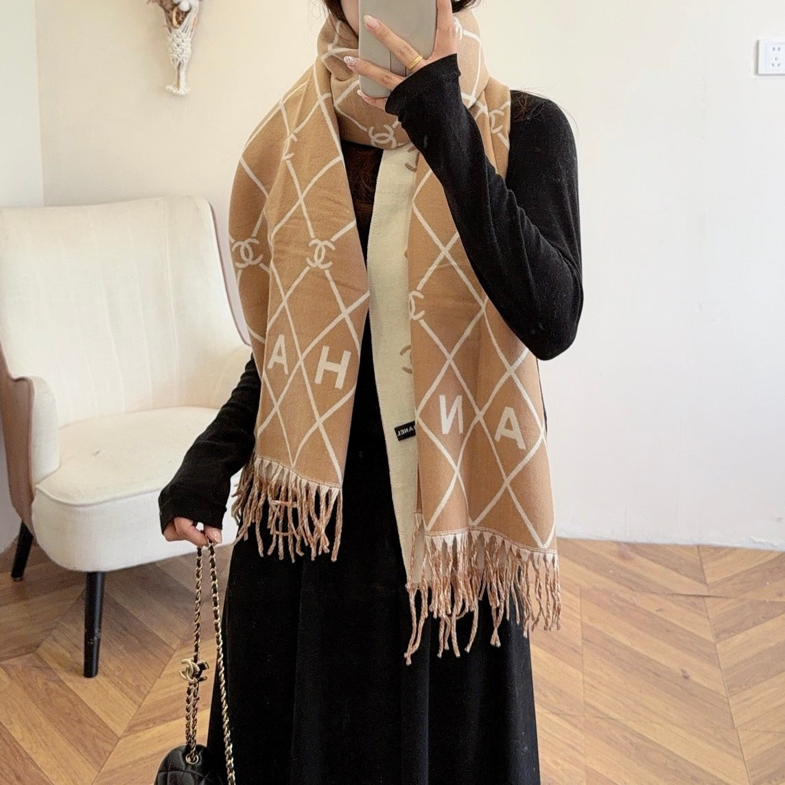 Floral Latticed CC Long Cashmere Scarf