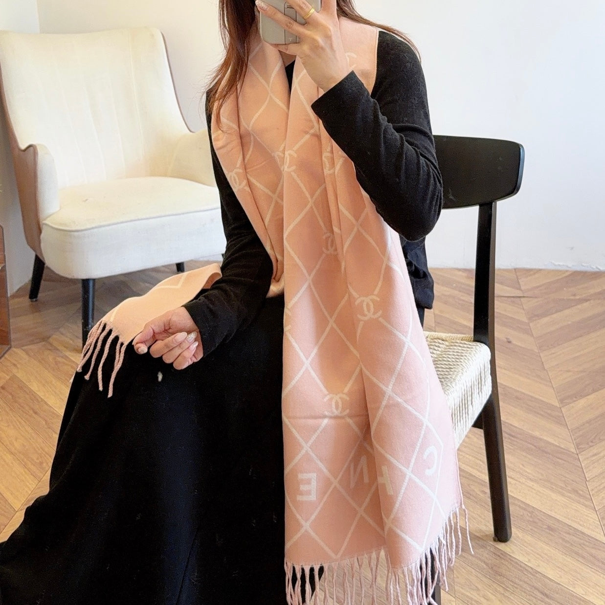 Floral Latticed CC Long Cashmere Scarf