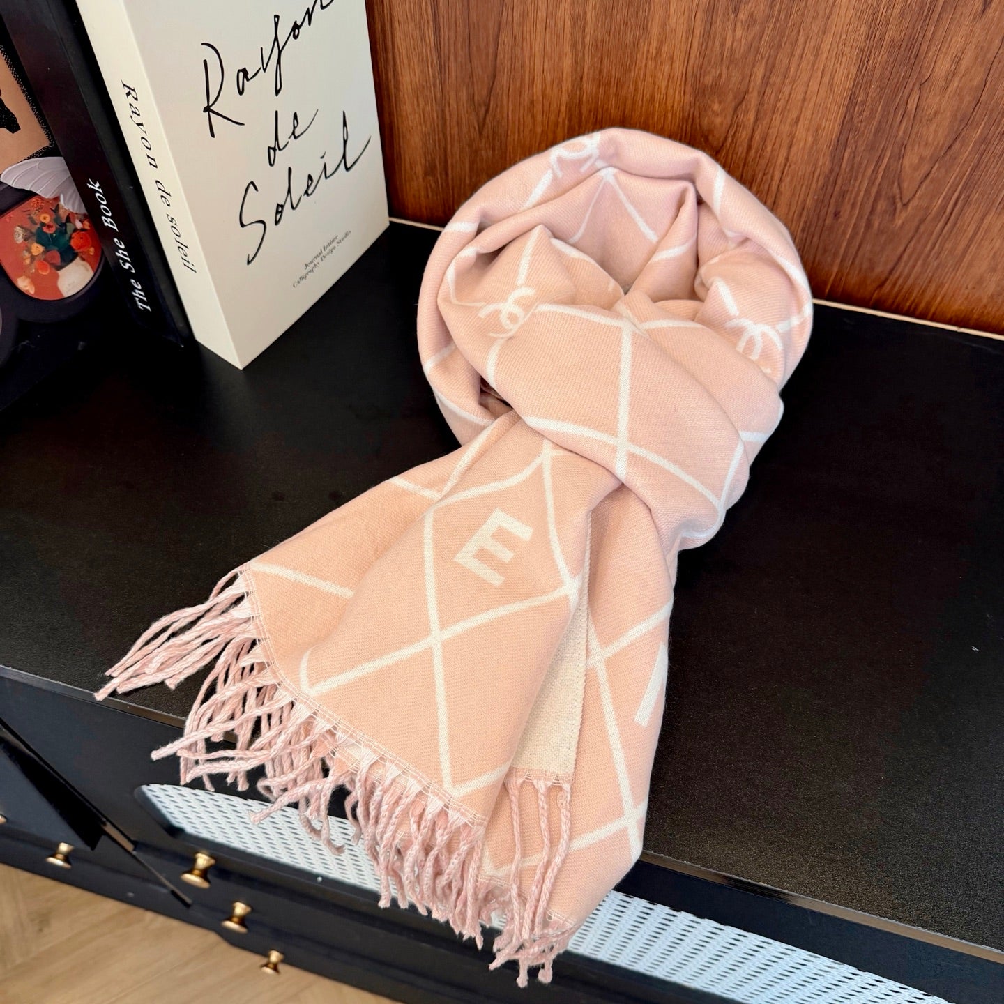 Floral Latticed CC Long Cashmere Scarf