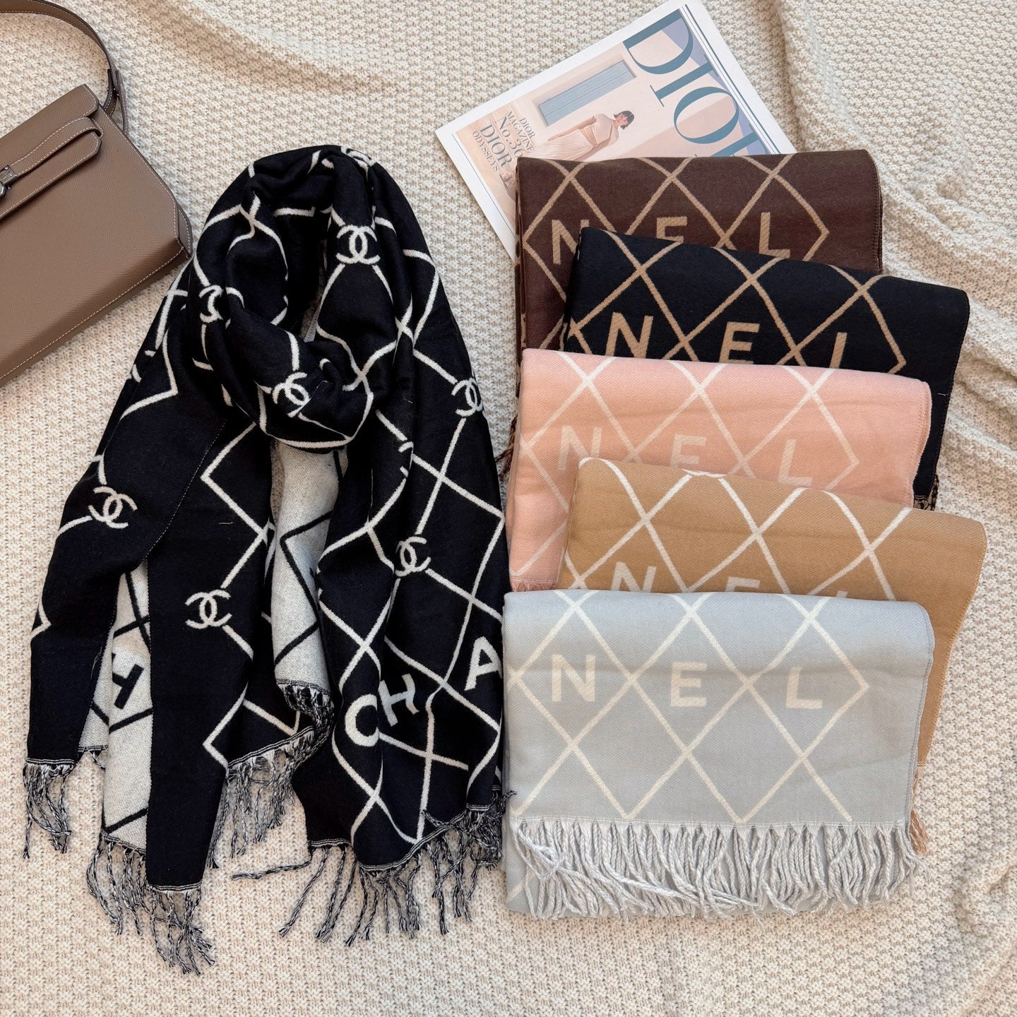 Floral Latticed CC Long Cashmere Scarf